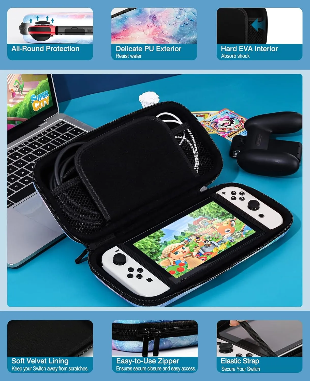 TiMOVO Carrying Case Compatible with Nintendo Switch OLED 2021 & Switch, Durable Hard Shell Game Storage Handbag Portable Travel Bag PU Pouch with Pocket for 10 Game Cards & Accessories
