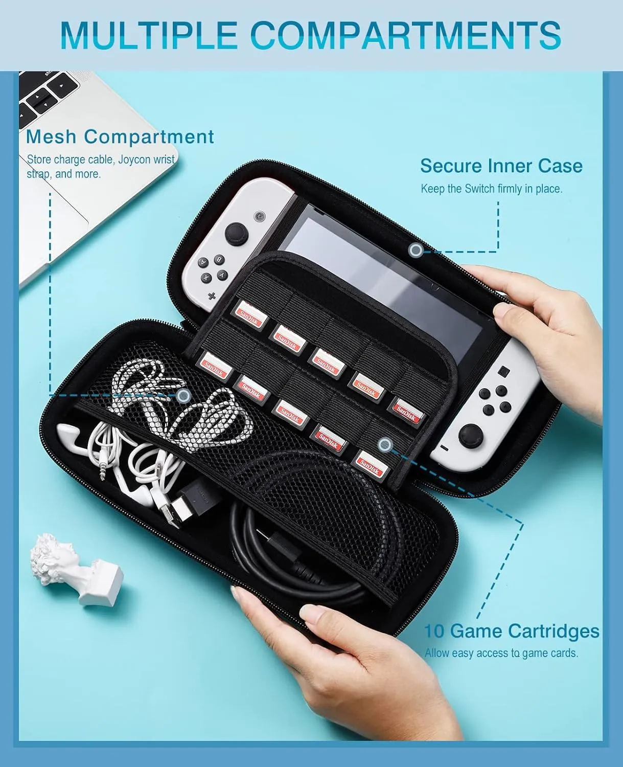 TiMOVO Carrying Case Compatible with Nintendo Switch OLED 2021 & Switch, Durable Hard Shell Game Storage Handbag Portable Travel Bag PU Pouch with Pocket for 10 Game Cards & Accessories