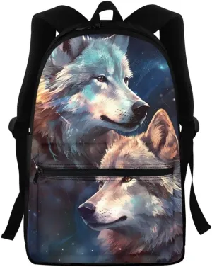 Toddler Boys Cool Wolf Backpacks Kids Teens Children Book Bags Laptop Backpack Travel Daypacks with Side Pouch,Galaxy Two Wolf