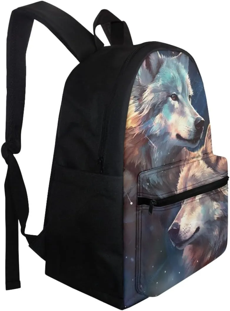 Toddler Boys Cool Wolf Backpacks Kids Teens Children Book Bags Laptop Backpack Travel Daypacks with Side Pouch,Galaxy Two Wolf