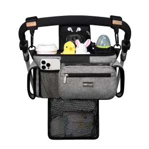 TOPDesign Universal Baby Stroller Organizer, Stroller Caddy with Detachable Mesh Bag & Heightened Insulated Cup Holders & Non-Slip Secure Hooks Accessories, Fits Most Strollers (Grey)