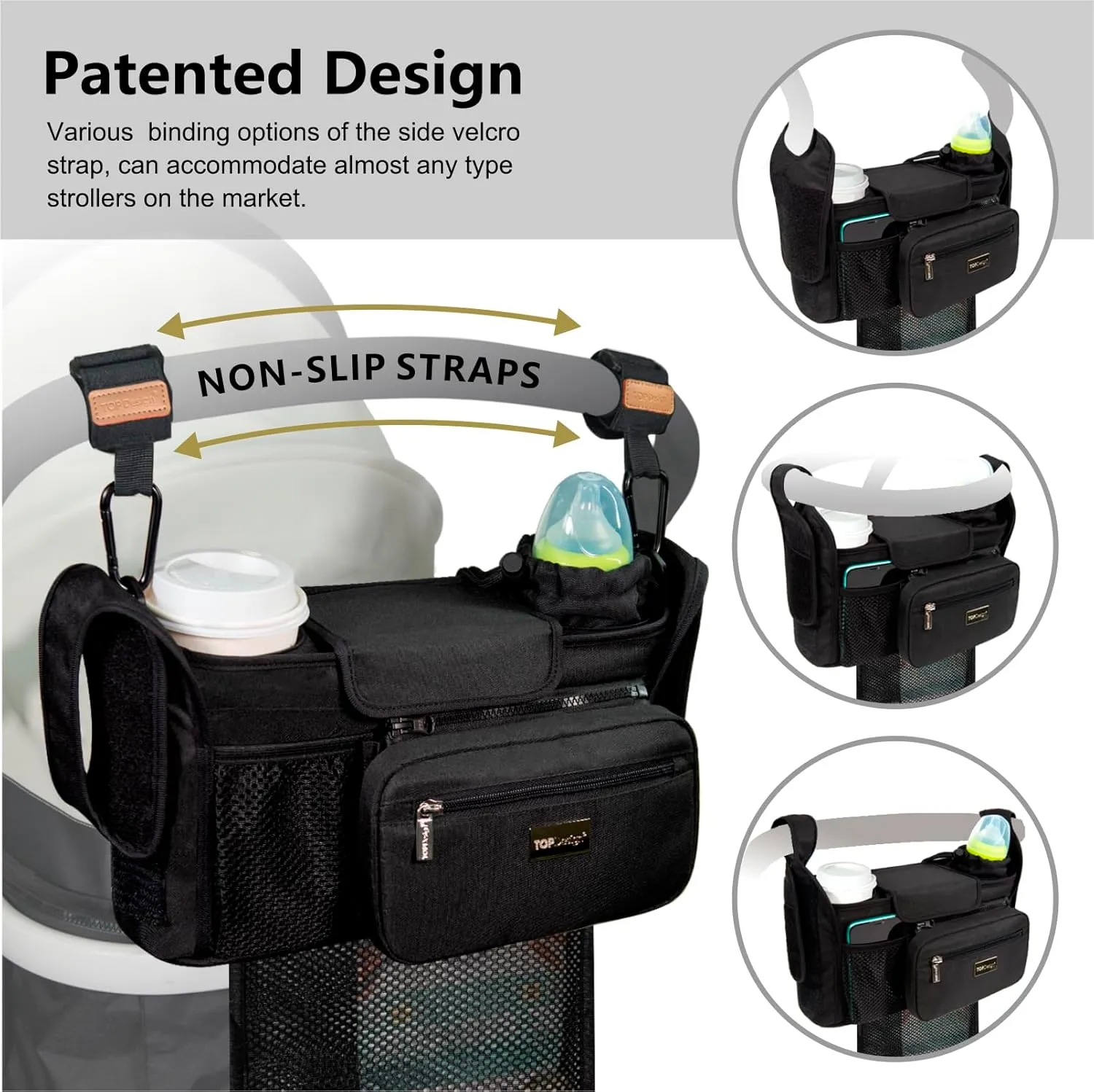 TOPDesign Universal Baby Stroller Organizer, Stroller Caddy with Detachable Mesh Bag & Heightened Insulated Cup Holders & Non-Slip Secure Hooks Accessories, Fits Most Strollers (Love)