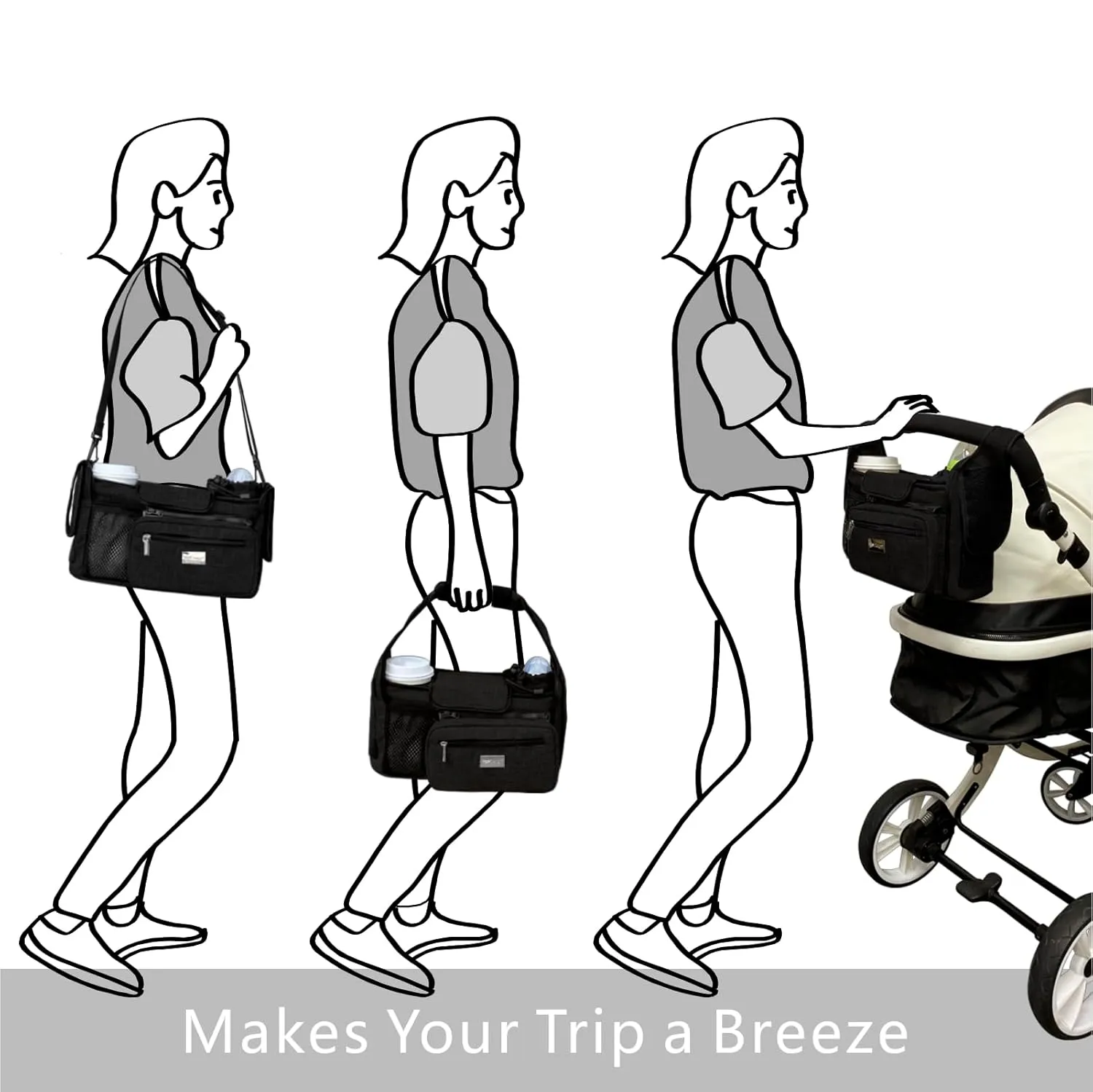 TOPDesign Universal Baby Stroller Organizer, Stroller Caddy with Detachable Mesh Bag & Heightened Insulated Cup Holders & Non-Slip Secure Hooks Accessories, Fits Most Strollers (Love)