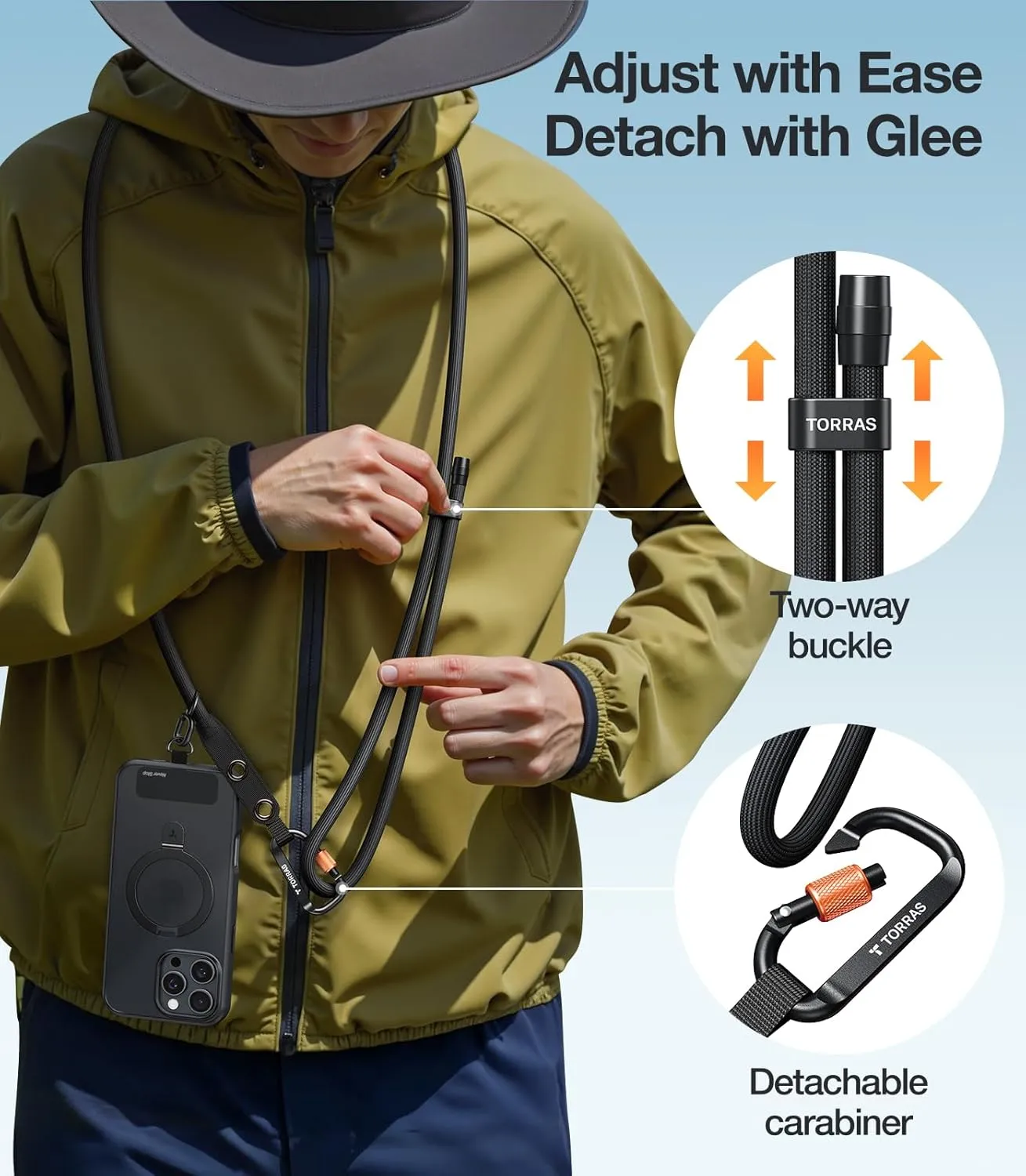 TORRAS Phone Lanyard with Hanging Loops, Durable Carabiner, Adjustable Anti Theft Phone Strap Crossbody, Skin-Friendly, 2 Tabs, Universal Cell Phone Neck Lanyard for Daily & Outdoor Activities, Black