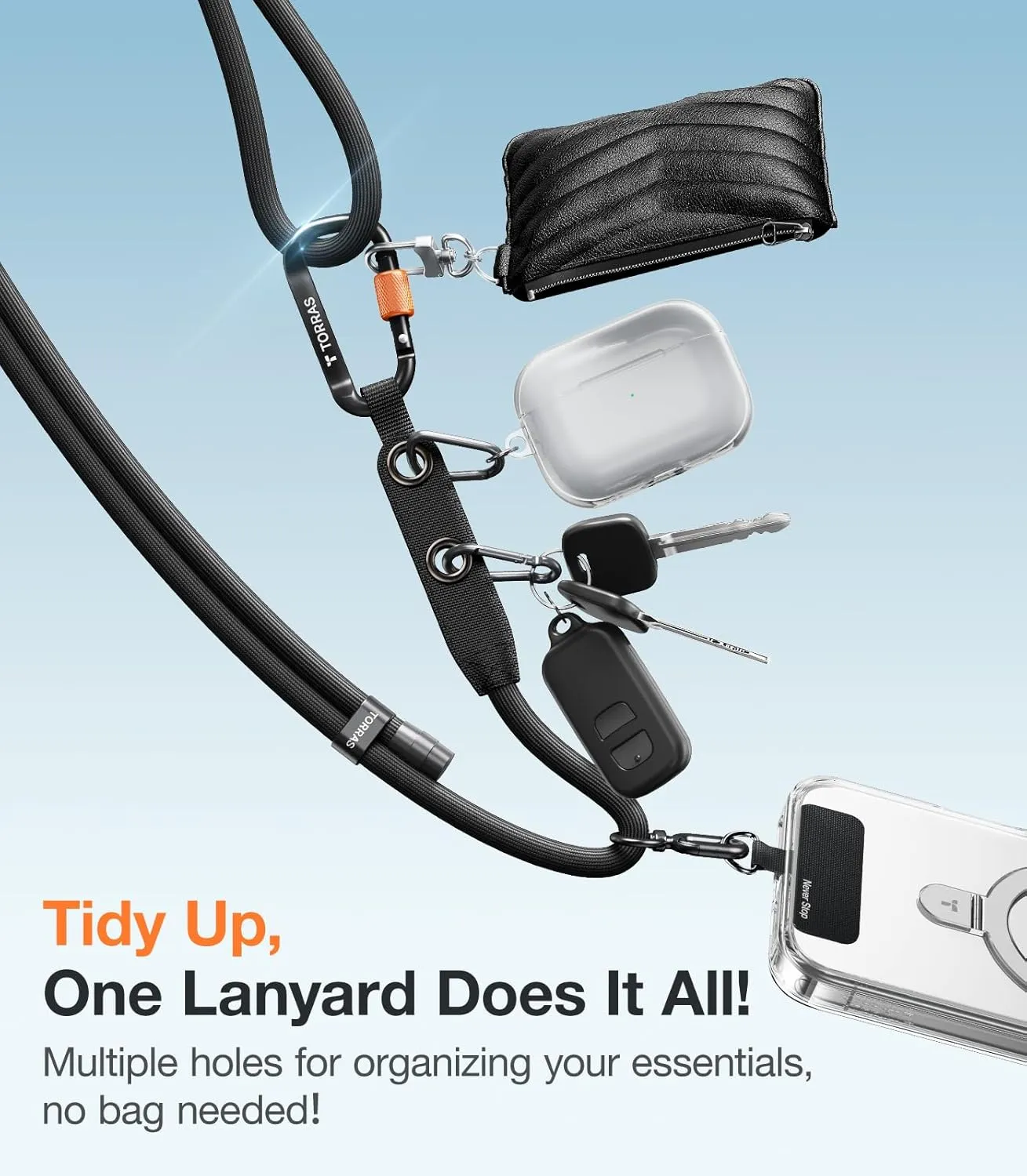 TORRAS Phone Lanyard with Hanging Loops, Durable Carabiner, Adjustable Anti Theft Phone Strap Crossbody, Skin-Friendly, 2 Tabs, Universal Cell Phone Neck Lanyard for Daily & Outdoor Activities, Black