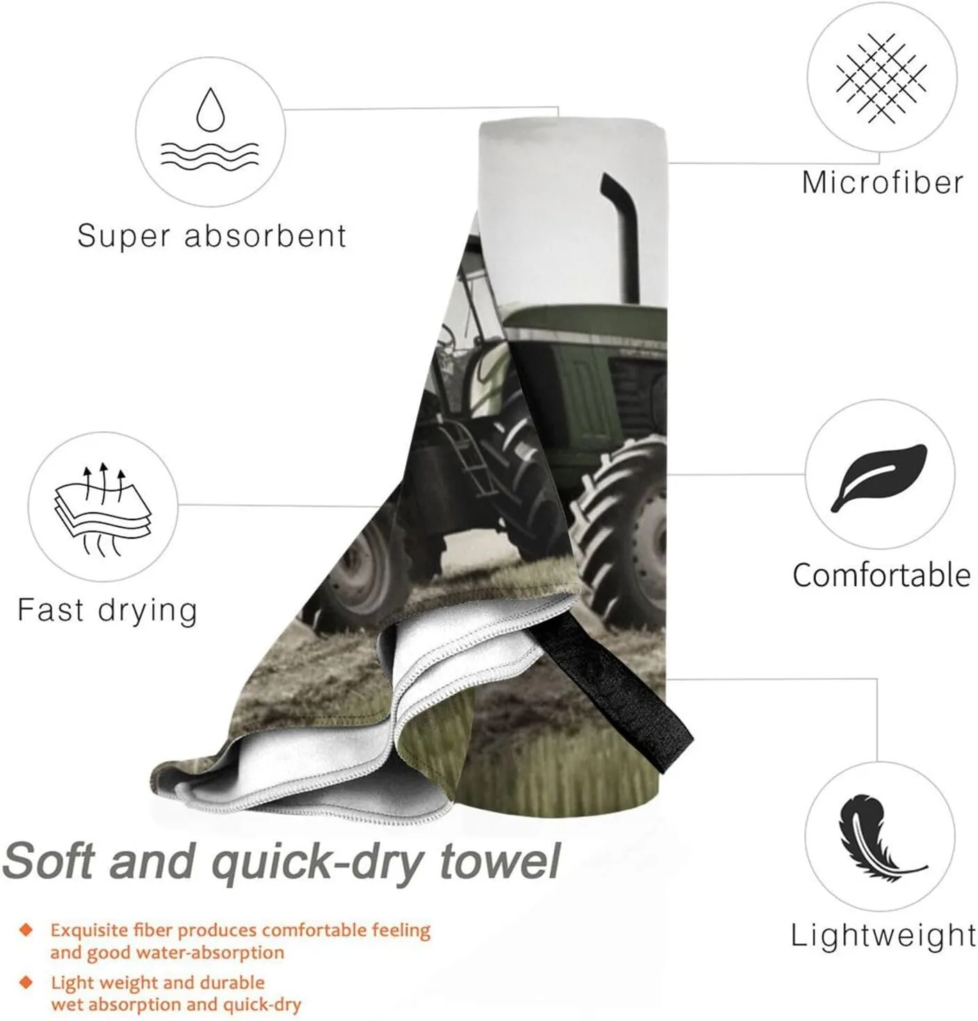 Tractor Agriculture Tranquil Beach Towel Sand Free Fast Drying Microfiber Travel Towel for Women Men Super Absorbent Camping Towels Soft Compact Gym Towel for Swimming Hiking 27.5"x55"