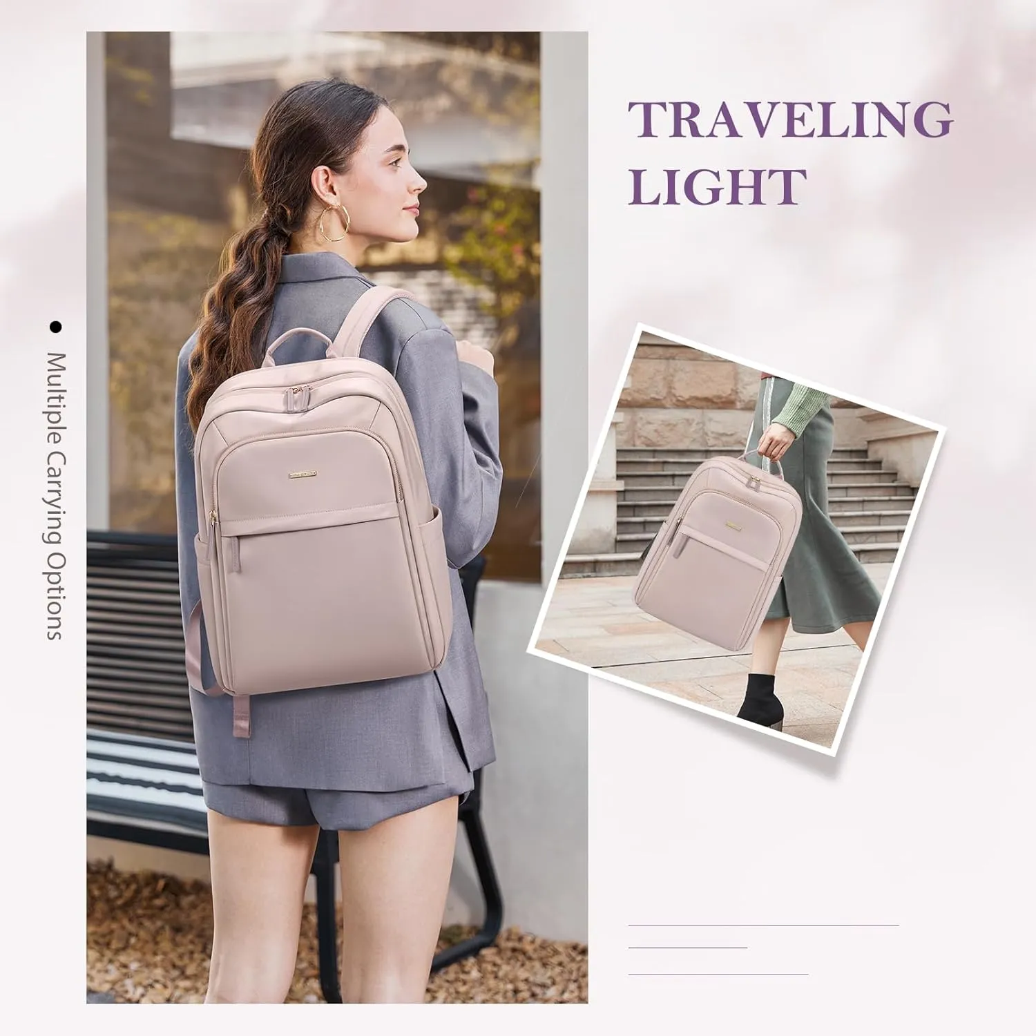 Travel Backpack for Women Personal Carry On Bag Business Weekender Hiking Multilayer Laptop Bag,16 Inch,Pink