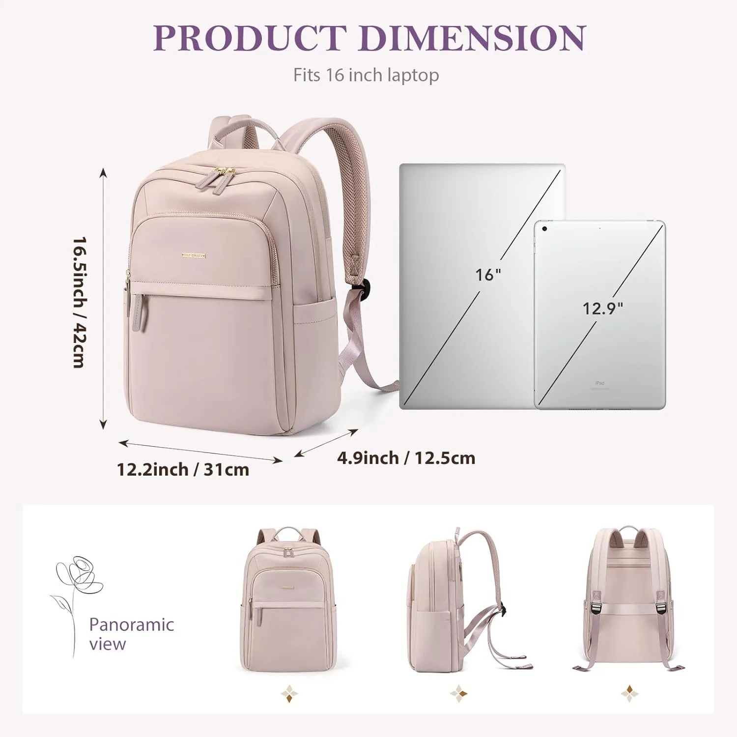 Travel Backpack for Women Personal Carry On Bag Business Weekender Hiking Multilayer Laptop Bag,16 Inch,Pink