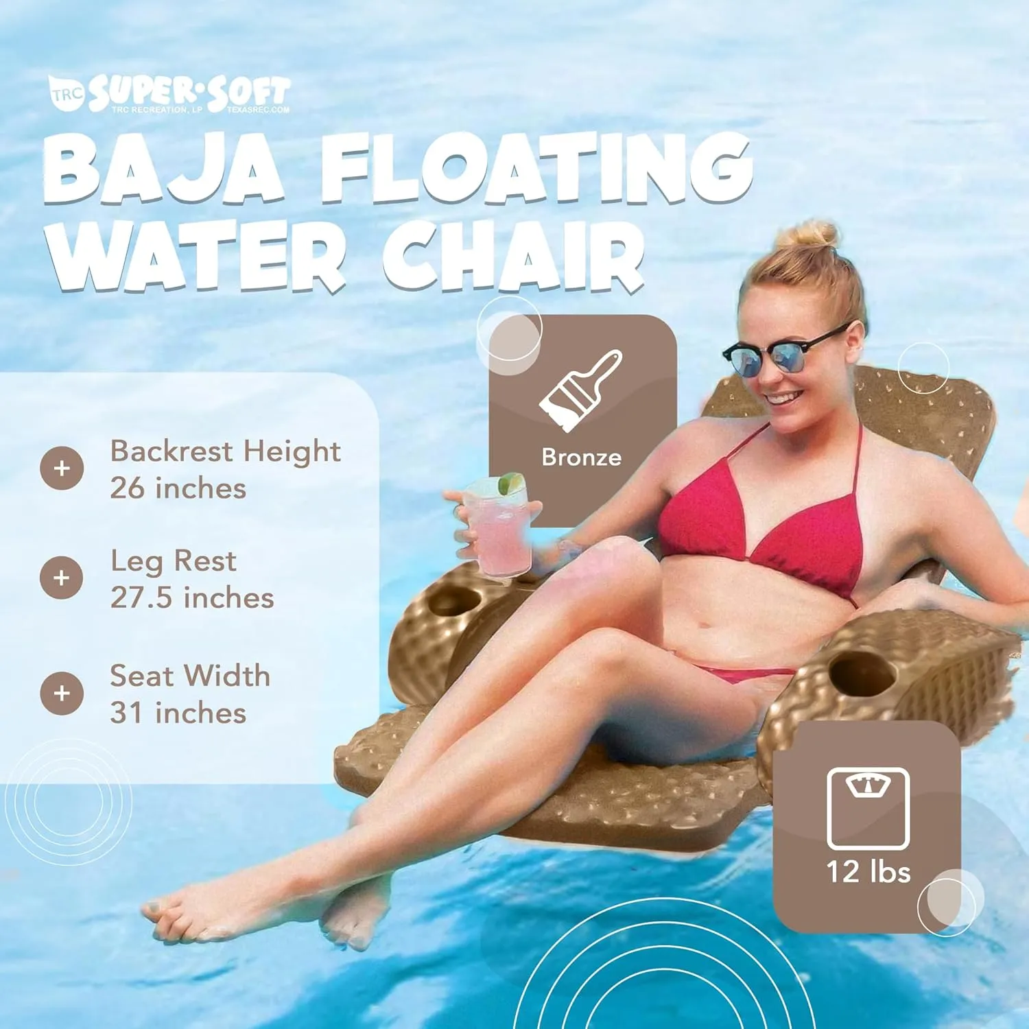 TRC Recreation Folding Baja Chair Foam Swimming Pool Float, Portable Super Soft Floating Lounger with 2 Cup Holders for Beach Essentials, Pink