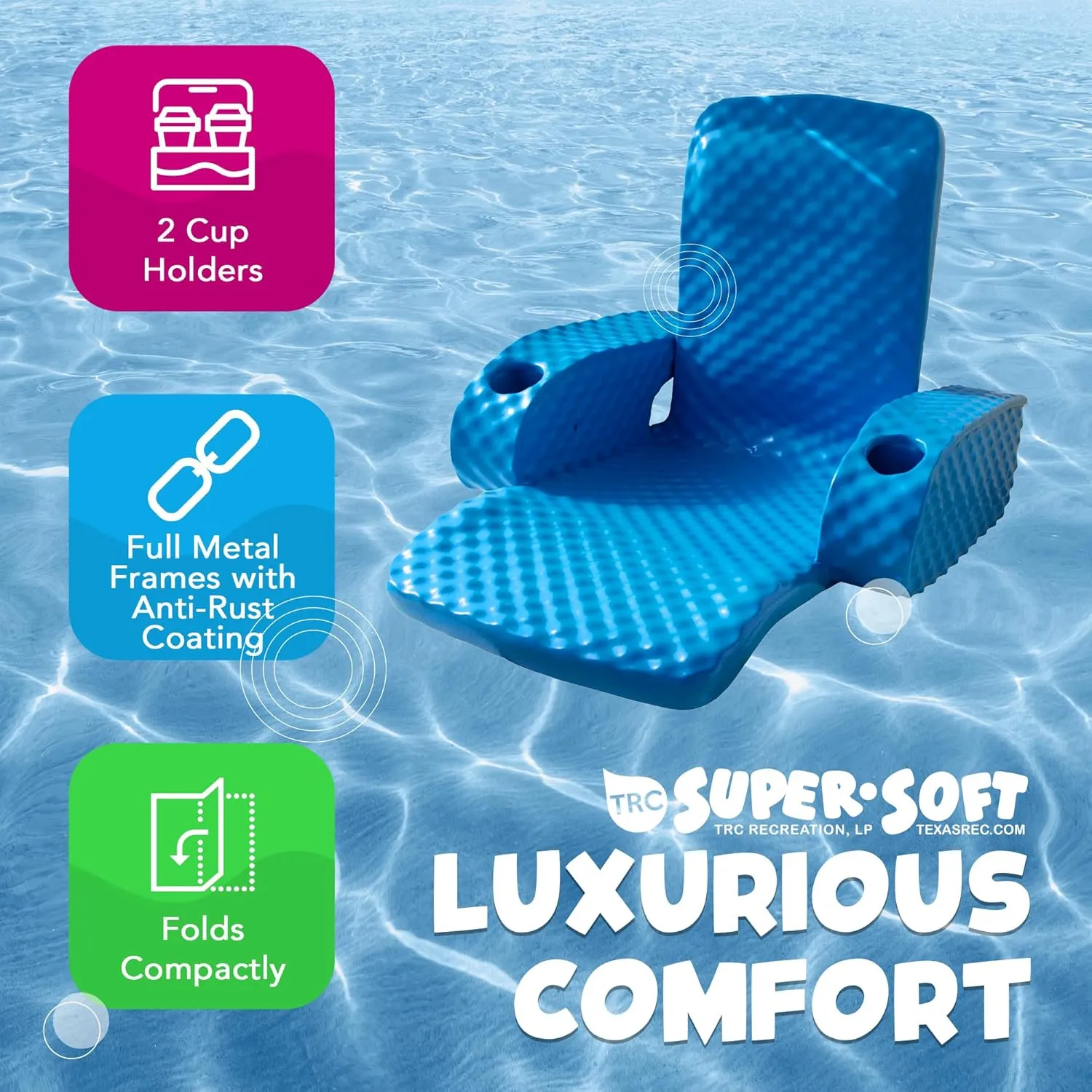 TRC Recreation Folding Baja Chair Foam Swimming Pool Float, Portable Super Soft Floating Lounger with 2 Cup Holders for Beach Essentials, Pink