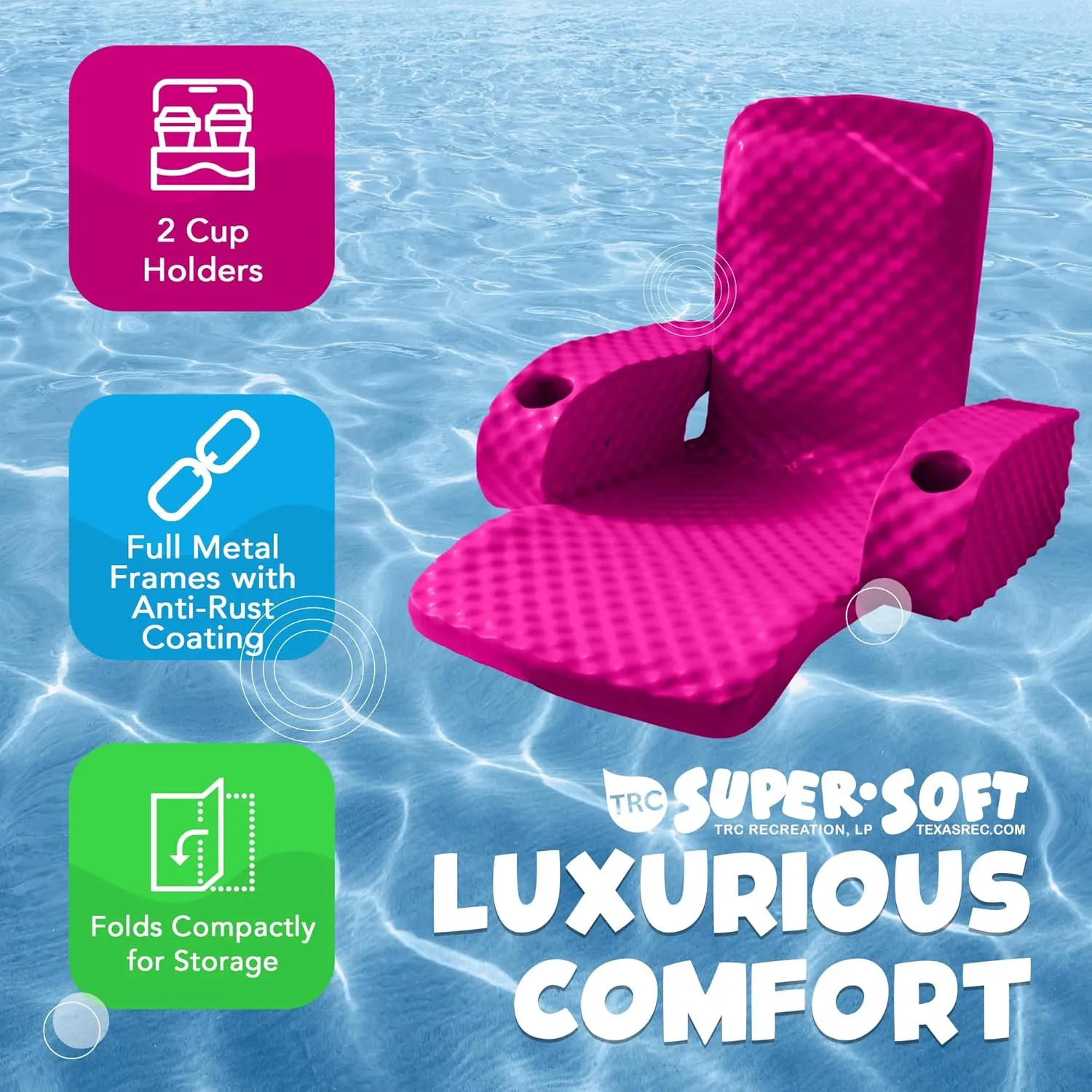 TRC Recreation Folding Baja Chair Foam Swimming Pool Float, Portable Super Soft Floating Lounger with 2 Cup Holders for Beach Essentials, Pink