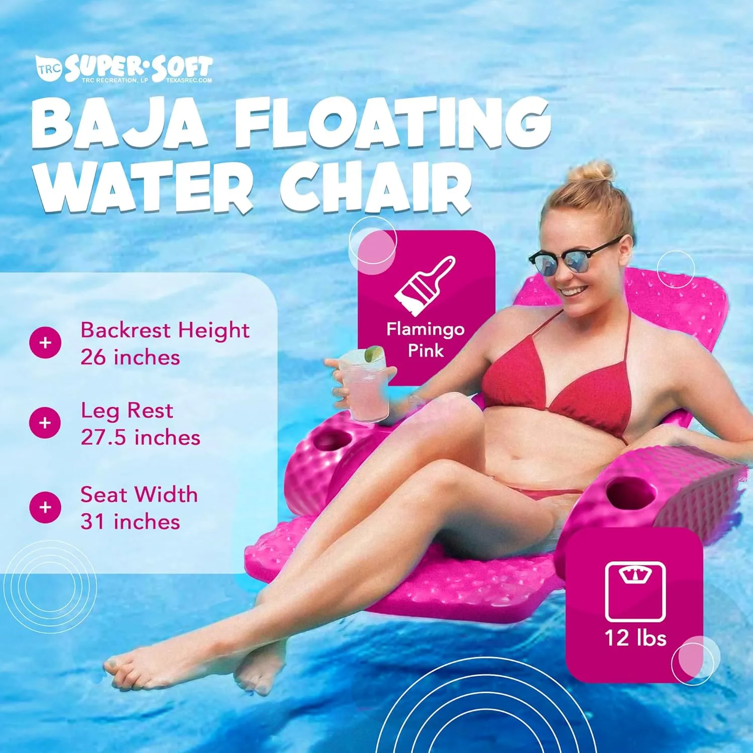 TRC Recreation Folding Baja Chair Foam Swimming Pool Float, Portable Super Soft Floating Lounger with 2 Cup Holders for Beach Essentials, Pink