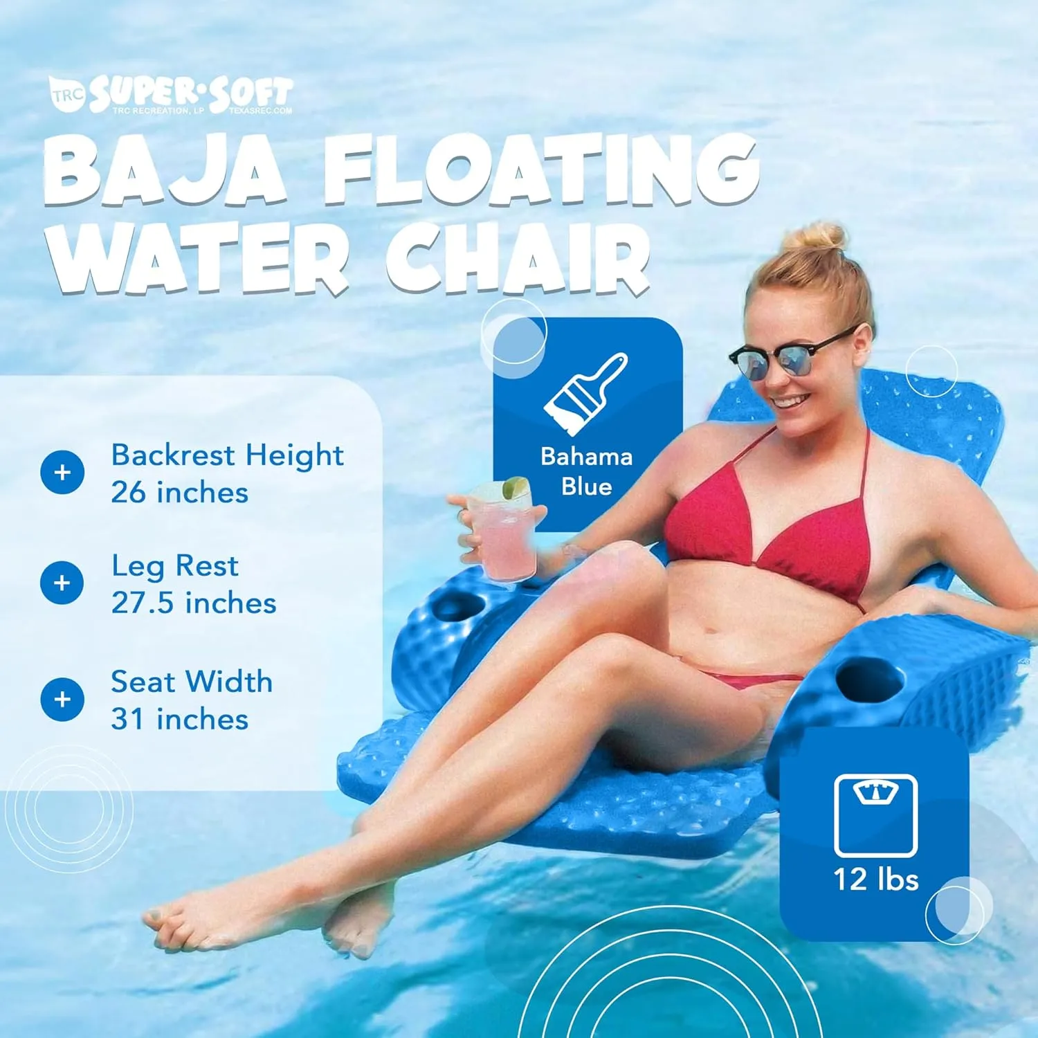 TRC Recreation Folding Baja Chair Foam Swimming Pool Float, Portable Super Soft Floating Lounger with 2 Cup Holders for Beach Essentials, Pink