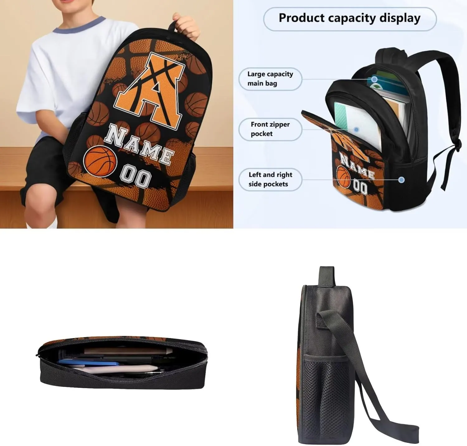 Tuoxiukan Personalized Basketball Backpacks for Kids Boys 6-8 Custom Initial Monogram Bookbag 17 Inch Sports Theme School Bag Custom Name and Number Elementary/Middle/High School Bag Set