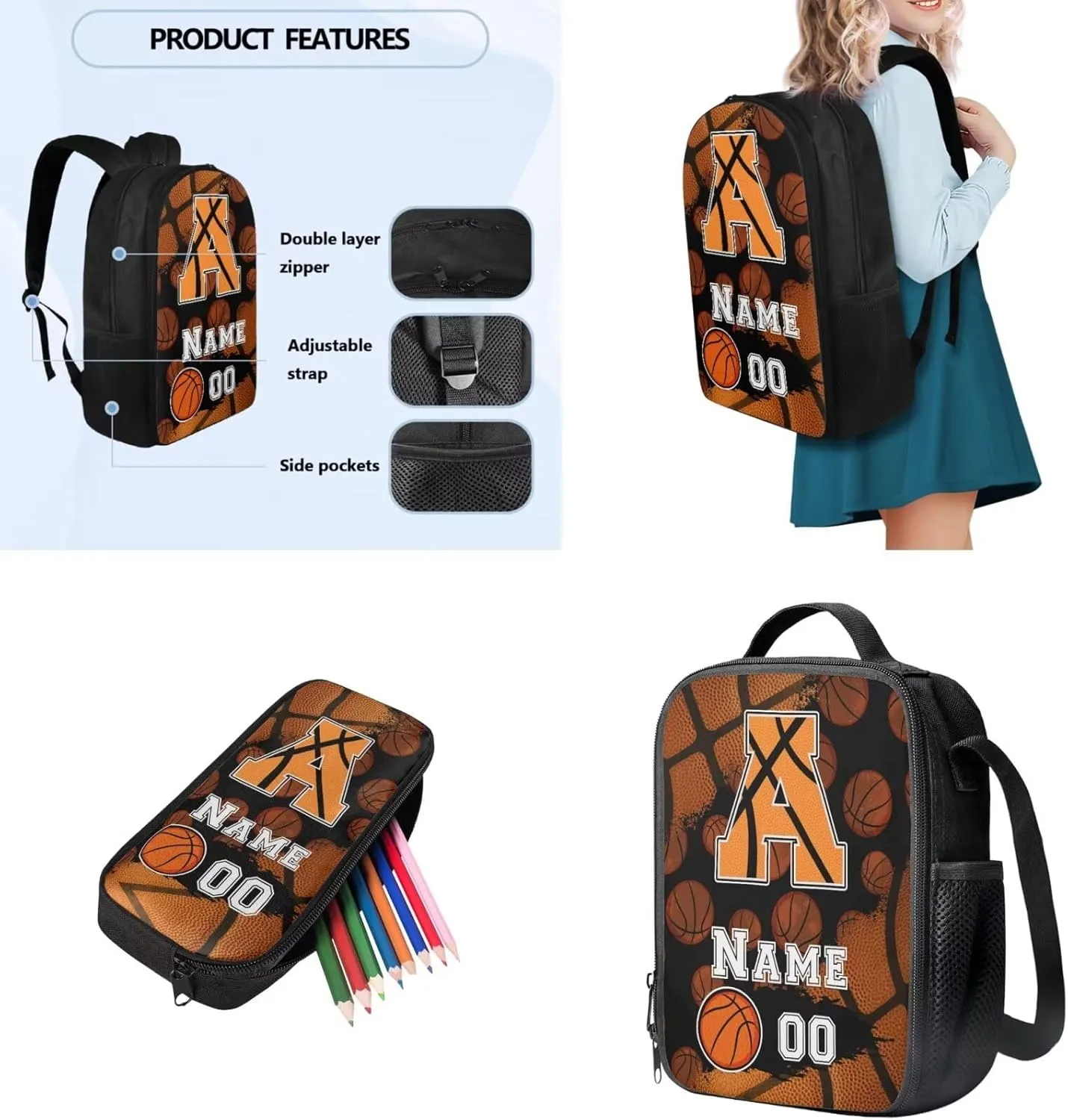 Tuoxiukan Personalized Basketball Backpacks for Kids Boys 6-8 Custom Initial Monogram Bookbag 17 Inch Sports Theme School Bag Custom Name and Number Elementary/Middle/High School Bag Set