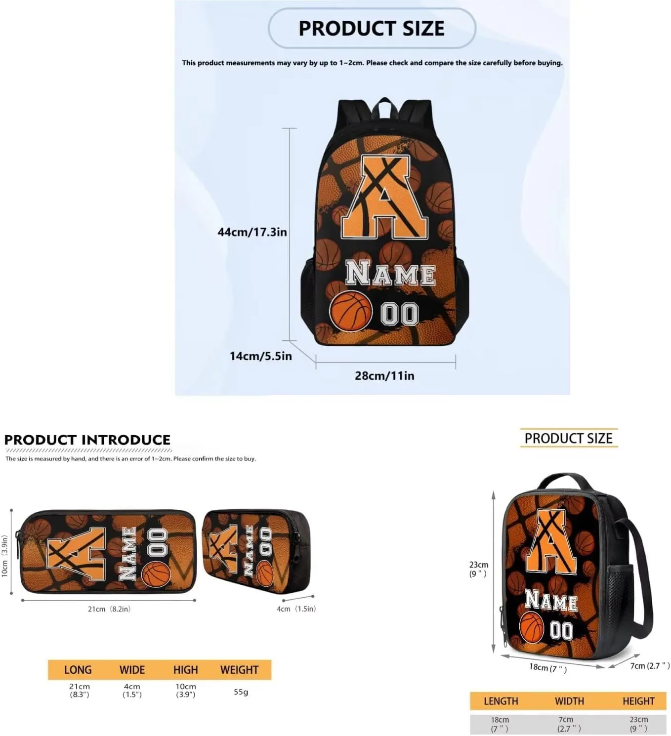 Tuoxiukan Personalized Basketball Backpacks for Kids Boys 6-8 Custom Initial Monogram Bookbag 17 Inch Sports Theme School Bag Custom Name and Number Elementary/Middle/High School Bag Set