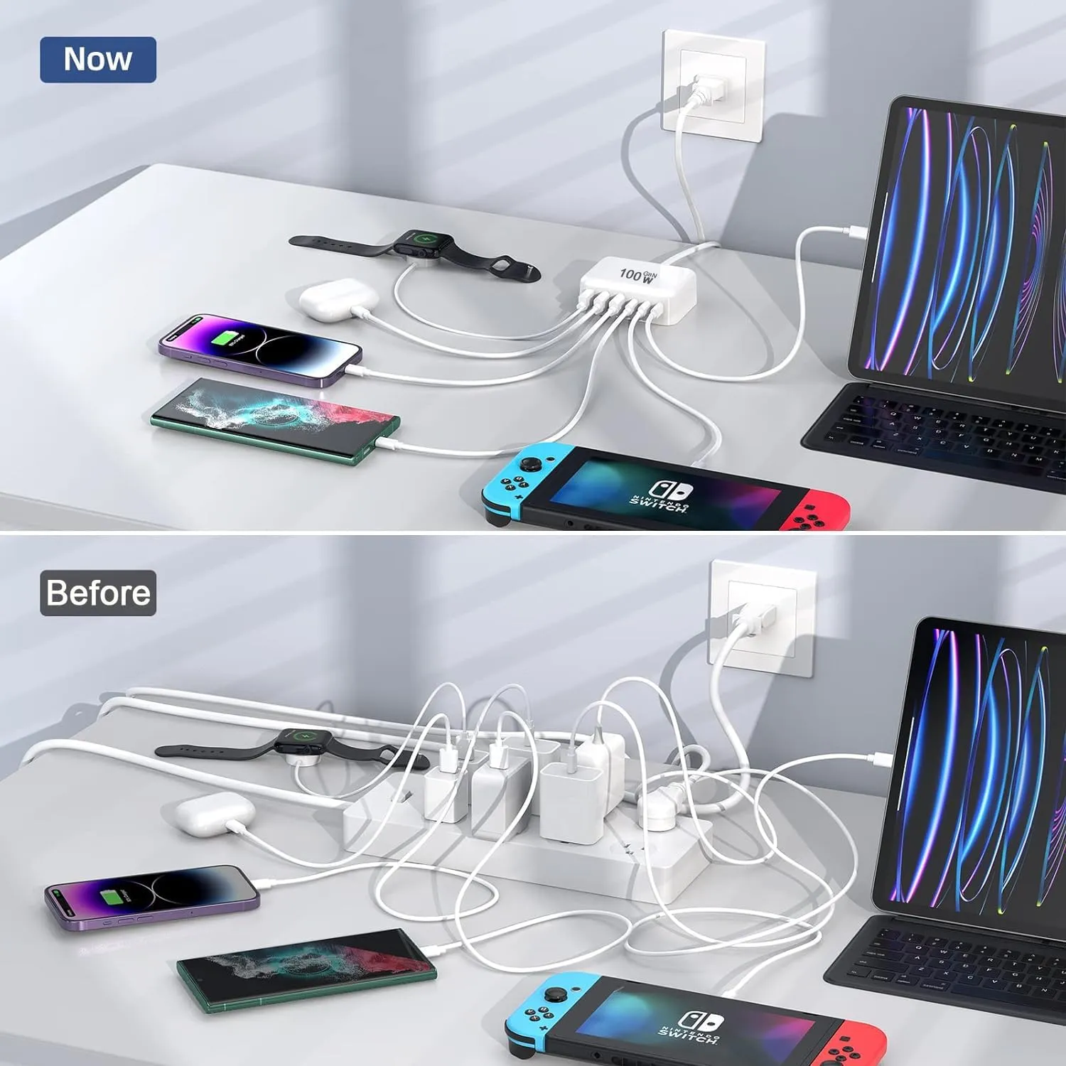 USB C Fast Charger,100W GaN 6 Port Type USB C Charging Station Hub Block USB C Wall Charger Power Strip Adapter Plug Cube Brick USB C USB A for iPad Air/Pro,iPhone 16 15 14 13 12 11 Pro Max,Galaxy S24