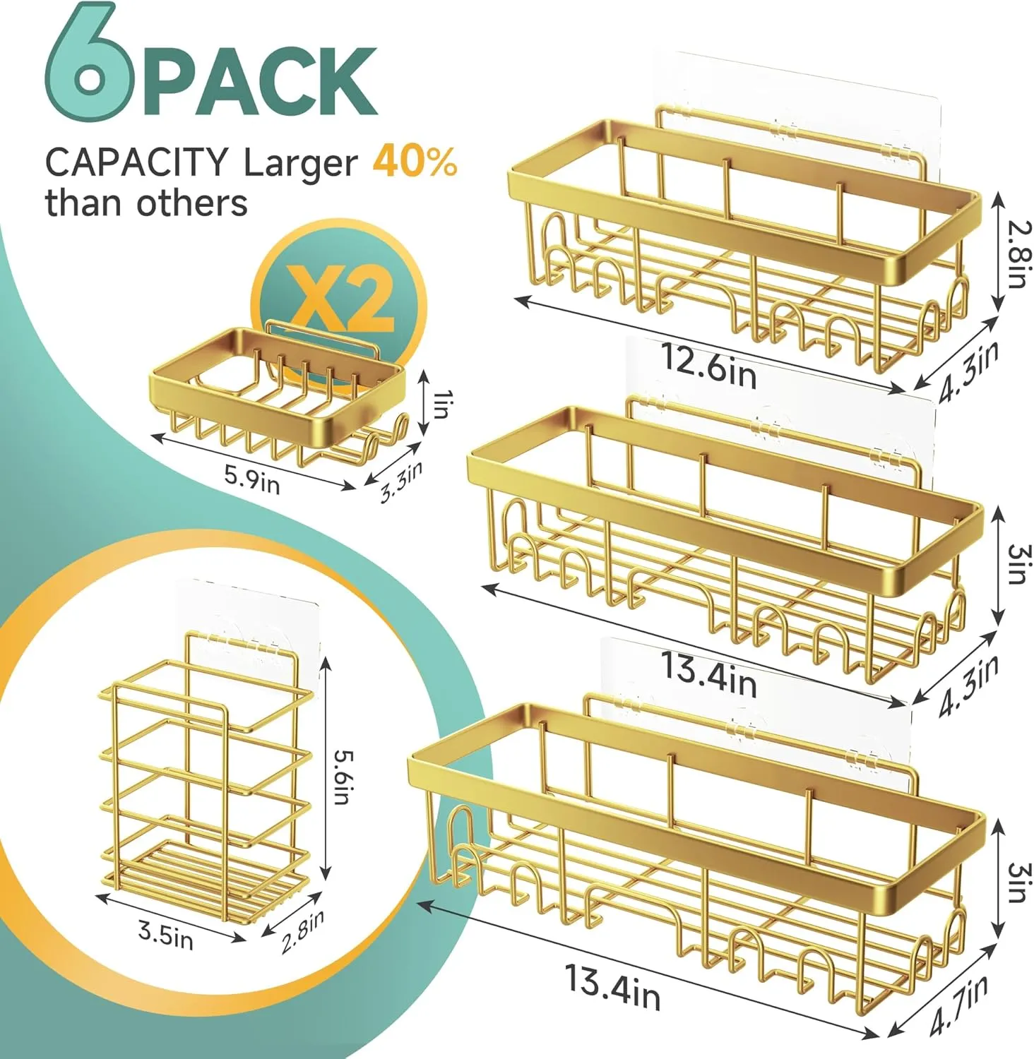 Veken Adhesive Shower Caddy 6-Pack,Gifts for Women Mom,Heavy Weight Bearing,Large Wall Mounted Bathroom Shelves Rack,Organizer Storage Accessories with Soap Dish&Toothbrush Holder,Bright Gold