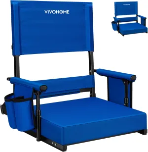 VIVOHOME Height Adjustable High Back Stadium Seat with Back Support and Cushion, Portable Bleacher Chair with Cup Holder and Shoulder Strap, Blue