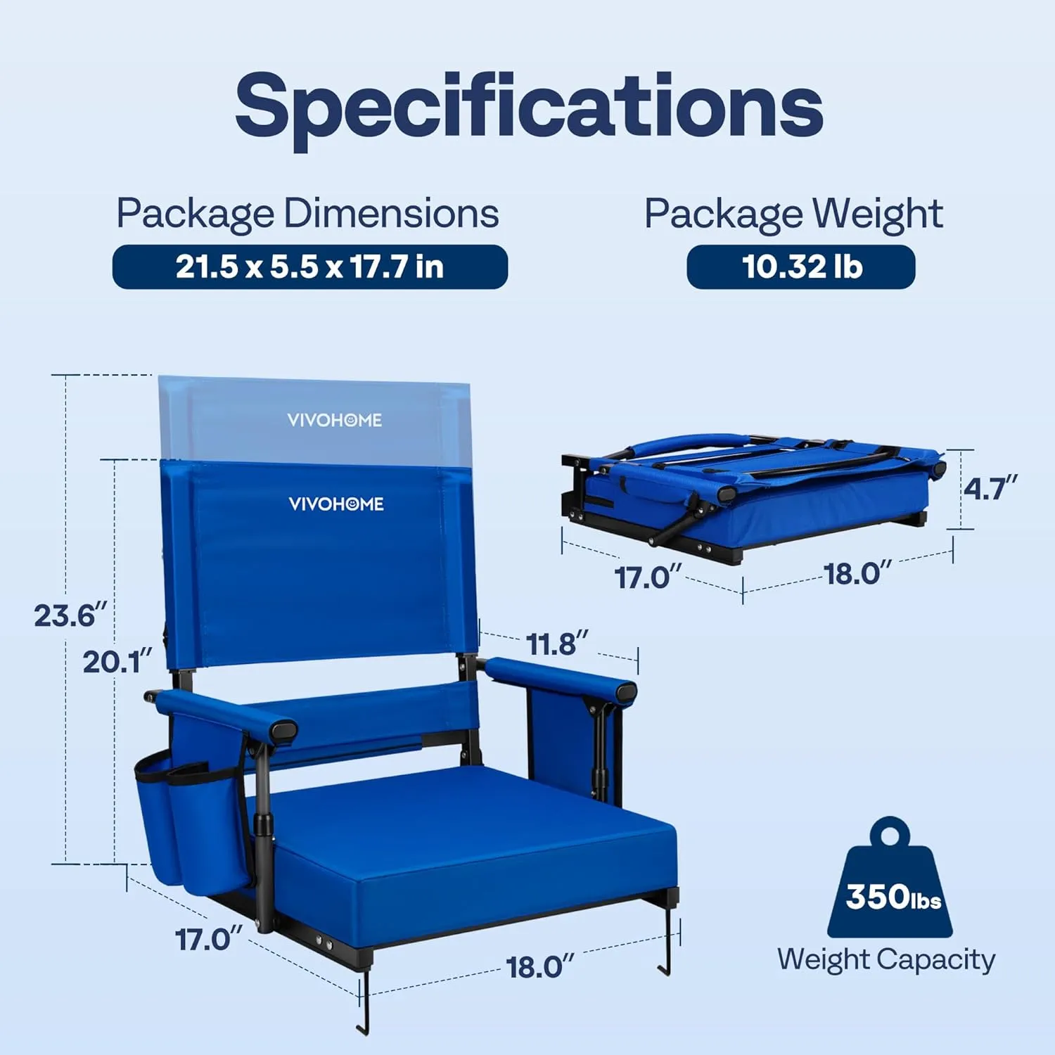 VIVOHOME Height Adjustable High Back Stadium Seat with Back Support and Cushion, Portable Bleacher Chair with Cup Holder and Shoulder Strap, Blue