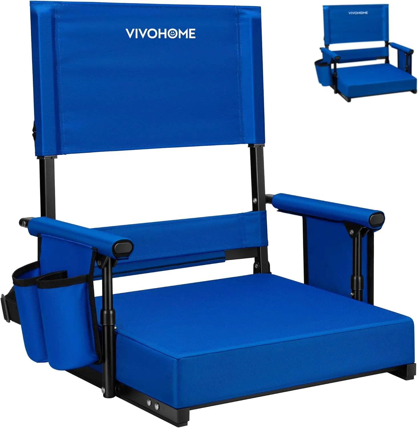 VIVOHOME Height Adjustable High Back Stadium Seat with Back Support and Cushion, Portable Bleacher Chair with Cup Holder and Shoulder Strap, Blue