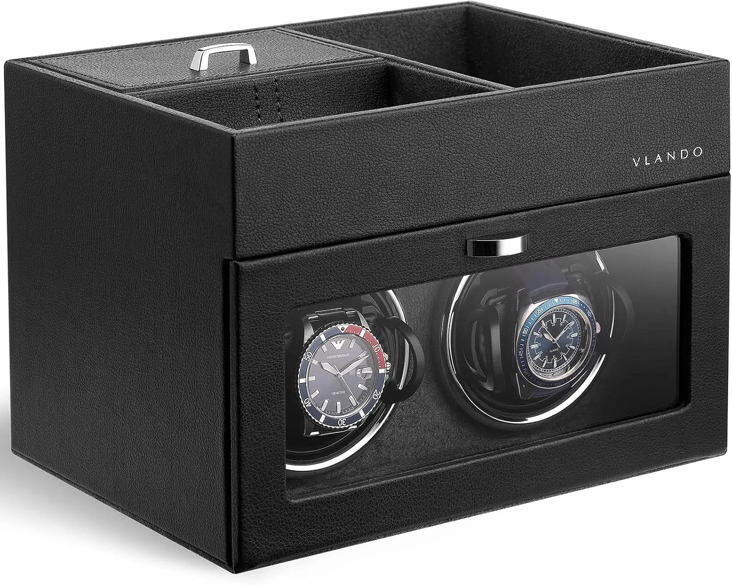 Vlando Automatic Double Watch Winder - Watch Winder Box with Men Jewelry Organizer Tray, Japanese Quiet Motor, LED Light, Adjustable Watch Pillows - Black