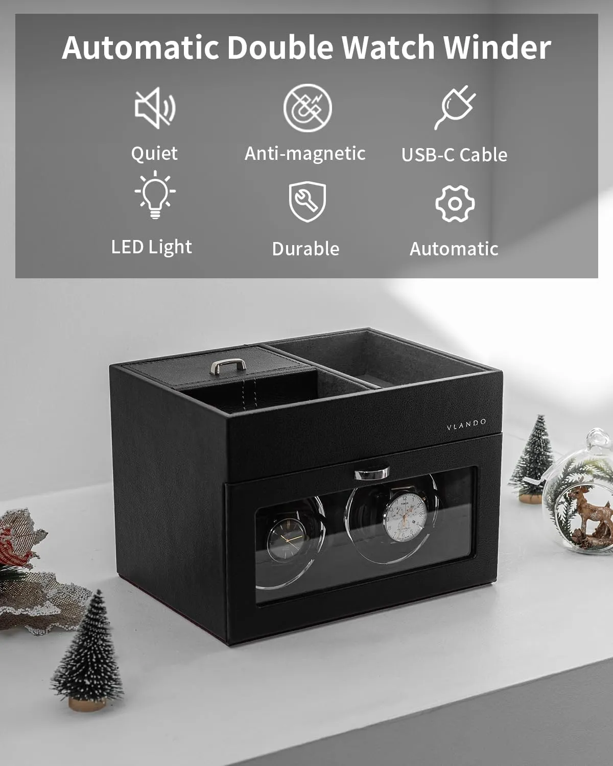 Vlando Automatic Double Watch Winder - Watch Winder Box with Men Jewelry Organizer Tray, Japanese Quiet Motor, LED Light, Adjustable Watch Pillows - Black