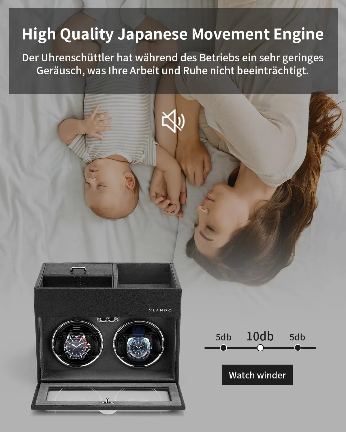 Vlando Automatic Double Watch Winder - Watch Winder Box with Men Jewelry Organizer Tray, Japanese Quiet Motor, LED Light, Adjustable Watch Pillows - Black