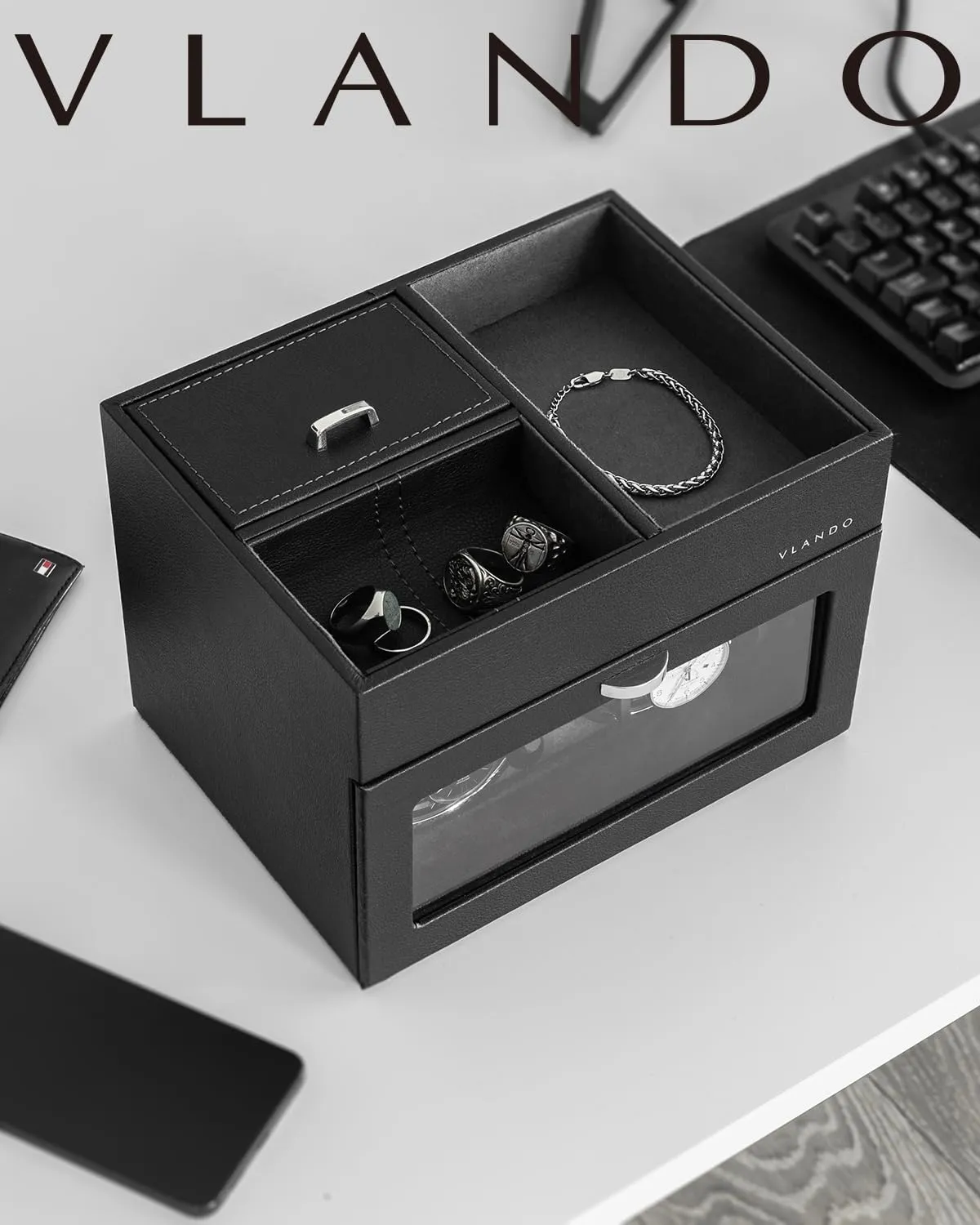 Vlando Automatic Double Watch Winder - Watch Winder Box with Men Jewelry Organizer Tray, Japanese Quiet Motor, LED Light, Adjustable Watch Pillows - Black