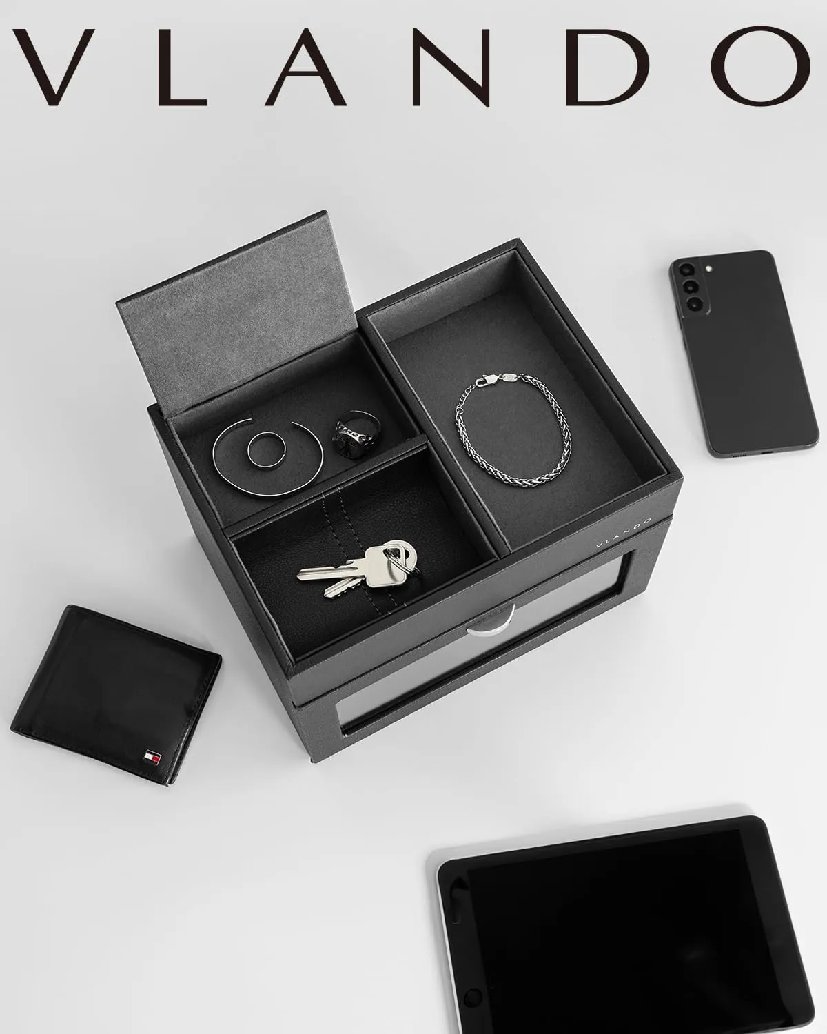 Vlando Automatic Double Watch Winder - Watch Winder Box with Men Jewelry Organizer Tray, Japanese Quiet Motor, LED Light, Adjustable Watch Pillows - Black