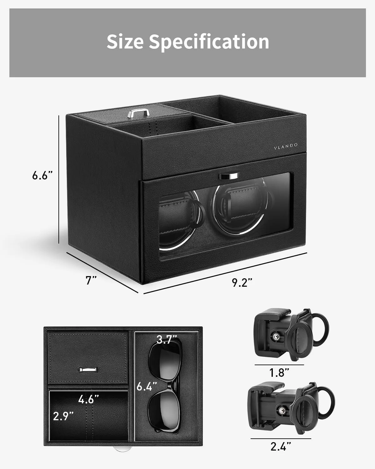 Vlando Automatic Double Watch Winder - Watch Winder Box with Men Jewelry Organizer Tray, Japanese Quiet Motor, LED Light, Adjustable Watch Pillows - Black
