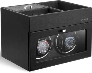Vlando Automatic Double Watch Winder - Watch Winder Box with Men Jewelry Organizer Tray, Japanese Quiet Motor, LED Light, Adjustable Watch Pillows - Black