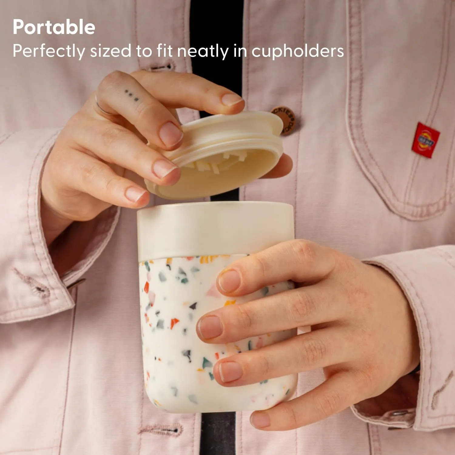 W&P Porter Travel Coffee Mug with Protective Silicone Sleeve | 12 Ounce Blush | Reusable Cup for Coffee or Tea | Portable Ceramic Mug with BPA-Free Press-Fit Lid | Dishwasher Safe | On-the-Go