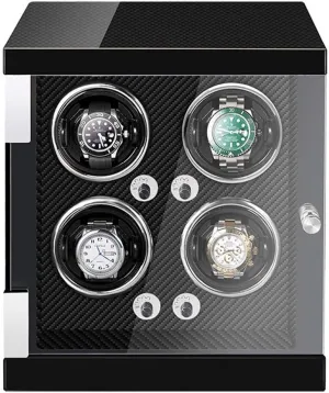 Watch Winder Box for 4 Automatic Watches Flexible Watch Pillows Built-in Led Light Piano Paint Finish Quiet Motor Accessories Black, (Black)