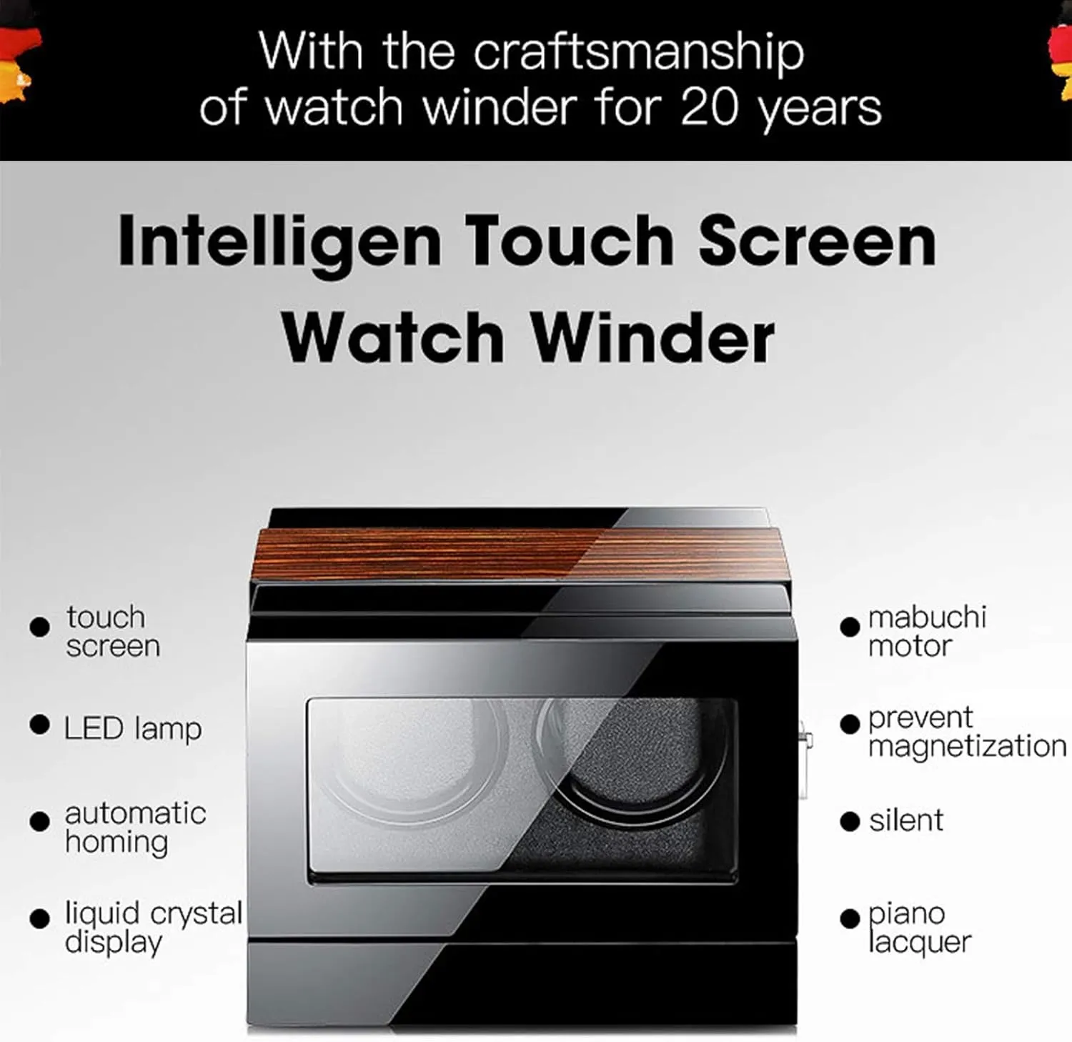 Watch Winder Box For Automatic Watches Lcd Touch Screen Display Wood Shell Piano Paint Exterior Blue Led Light Quiet Motor,12 0