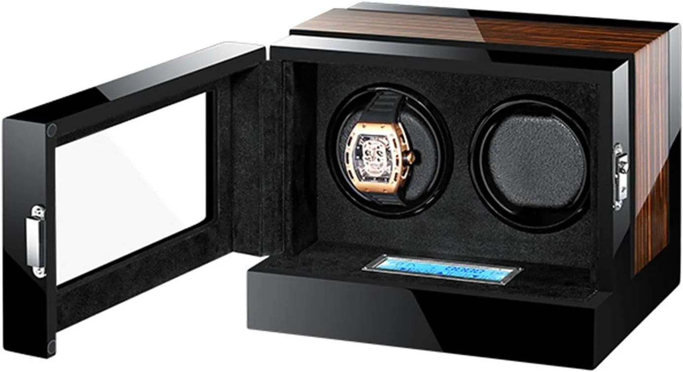 Watch Winder Box For Automatic Watches Lcd Touch Screen Display Wood Shell Piano Paint Exterior Blue Led Light Quiet Motor,12 0