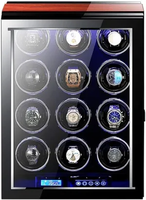 Watch Winder Box for Automatic Watches with Remote Control LCD Touch Screen Display Piano Paint Exterior LED Light Quiet Motor