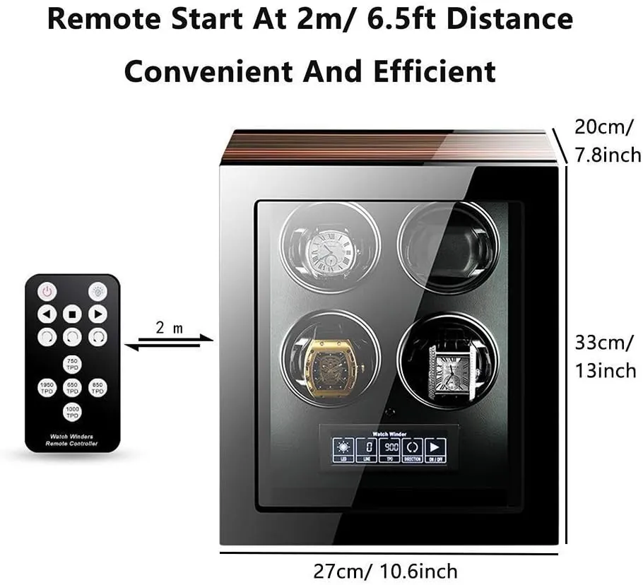 Watch Winder for Automatic Watches LCD Touch Screen Display with Remote Control Wood Shell Piano Finish Quiet Motor,12 0