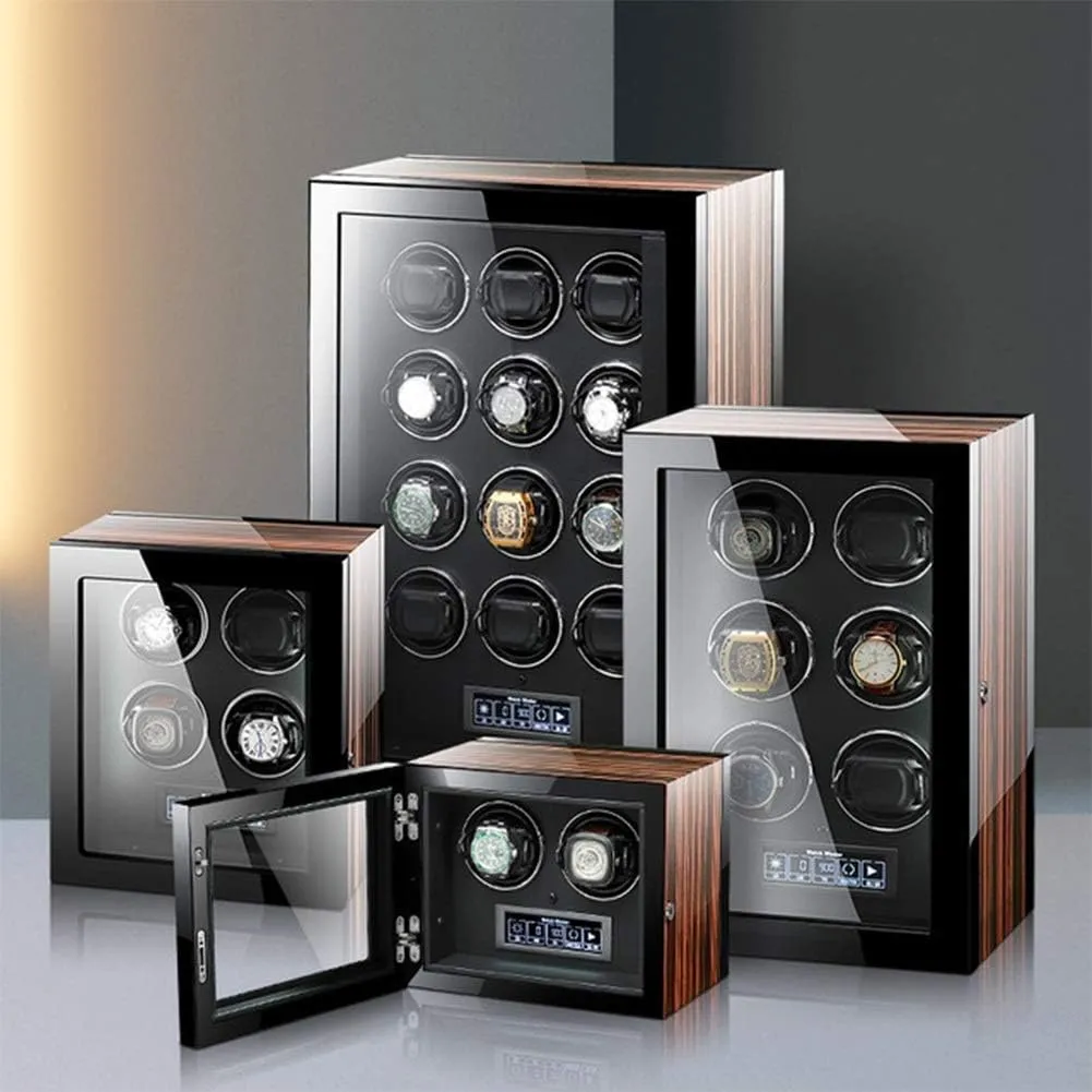 Watch Winder for Automatic Watches LCD Touch Screen Display with Remote Control Wood Shell Piano Finish Quiet Motor,12 0