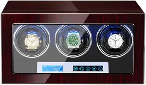 Watch Winder for Winding 3 Automatic Watches Touch Screen LED Light Flexible Watch Pillows Ebony Piano Paint Finish Watch Winder for Automatic Watches