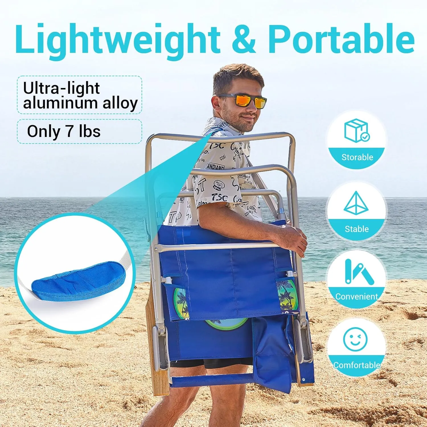 #WEJOY High Back Aluminum Beach Chair Camping Chairs with 4 Adjustable Position, Wooden Armrest, Storage Bag, Cup Holders, Folding Fishing Backpack Lawn Camp (1, 1 Pack Dark Blue)