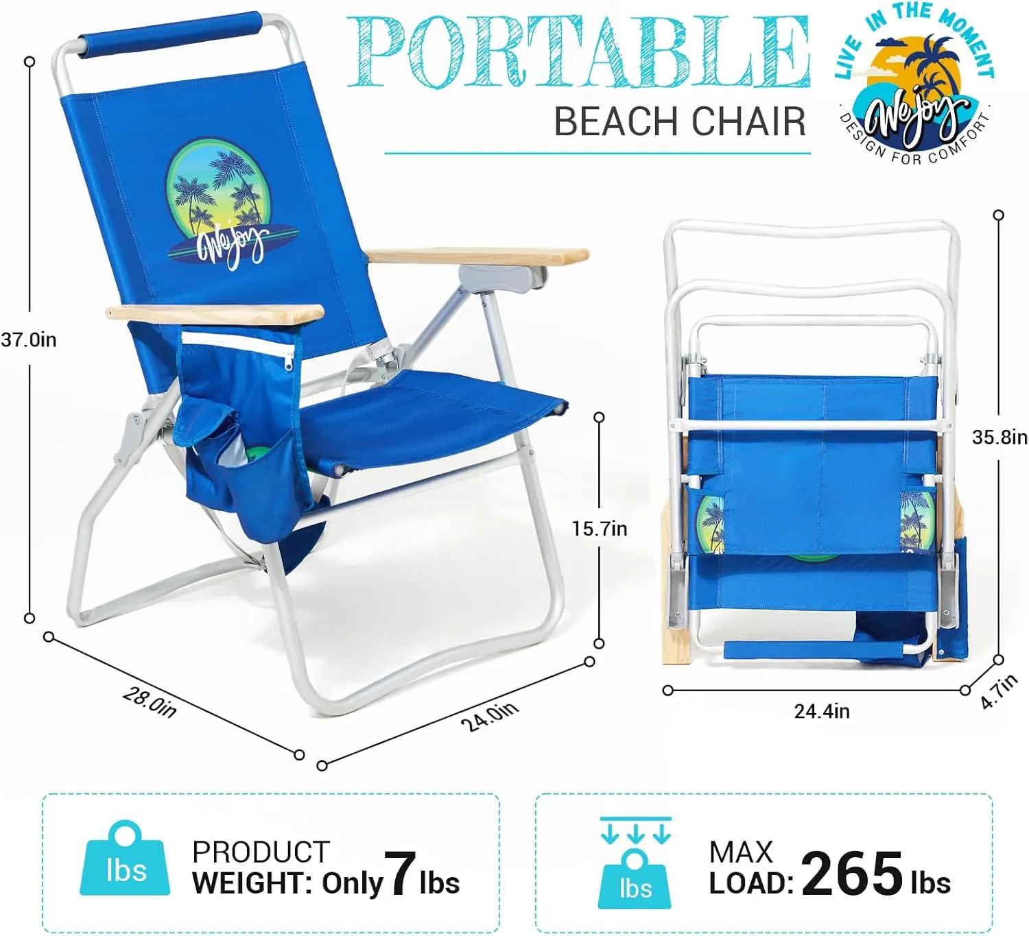 #WEJOY High Back Aluminum Beach Chair Camping Chairs with 4 Adjustable Position, Wooden Armrest, Storage Bag, Cup Holders, Folding Fishing Backpack Lawn Camp (1, 1 Pack Dark Blue)