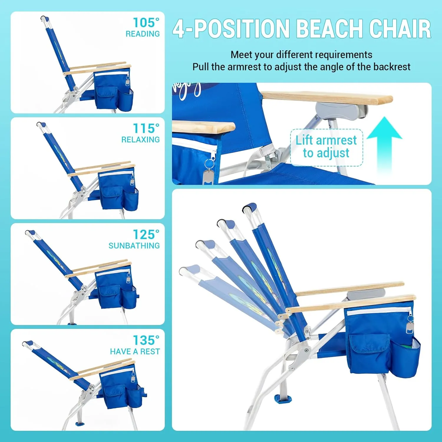 #WEJOY High Back Aluminum Beach Chair Camping Chairs with 4 Adjustable Position, Wooden Armrest, Storage Bag, Cup Holders, Folding Fishing Backpack Lawn Camp (1, 1 Pack Dark Blue)