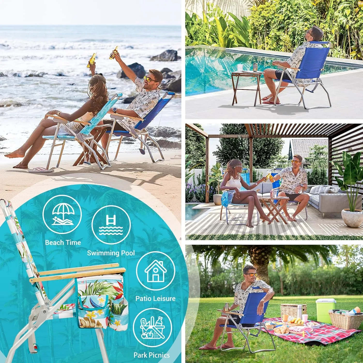#WEJOY High Back Aluminum Beach Chair Camping Chairs with 4 Adjustable Position, Wooden Armrest, Storage Bag, Cup Holders, Folding Fishing Backpack Lawn Camp (1, 1 Pack Dark Blue)