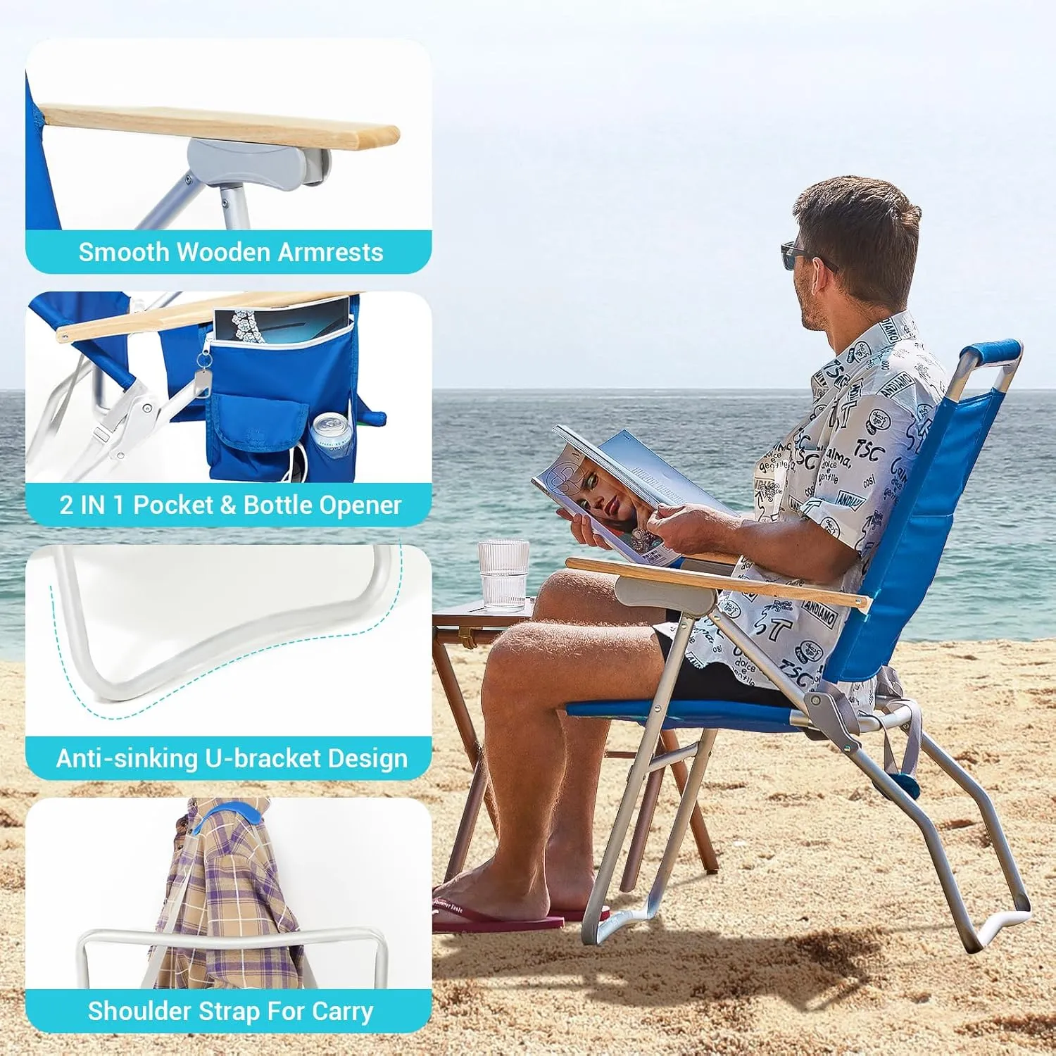 #WEJOY High Back Aluminum Beach Chair Camping Chairs with 4 Adjustable Position, Wooden Armrest, Storage Bag, Cup Holders, Folding Fishing Backpack Lawn Camp (1, 1 Pack Dark Blue)