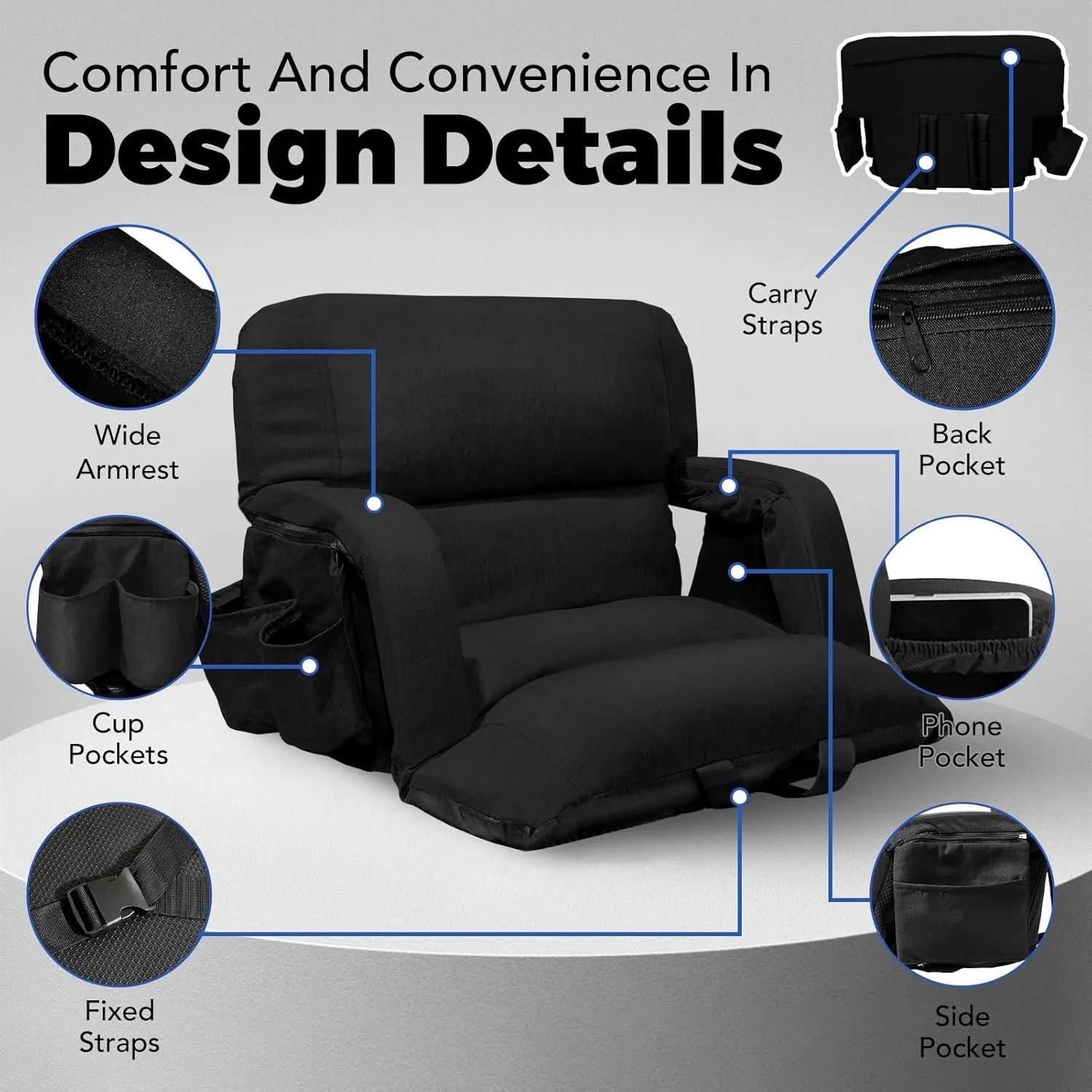 Wide Stadium Seats with Back Support, Exclusive Sofa Style Design Extra Thick Bleacher Chairs with Back and Cushion, 6 Reclining Positions - Ultimate Comfort for Sports Events (Black, 25")