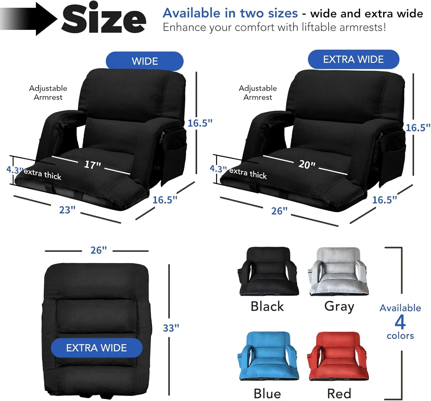 Wide Stadium Seats with Back Support, Exclusive Sofa Style Design Extra Thick Bleacher Chairs with Back and Cushion, 6 Reclining Positions - Ultimate Comfort for Sports Events (Black, 25")