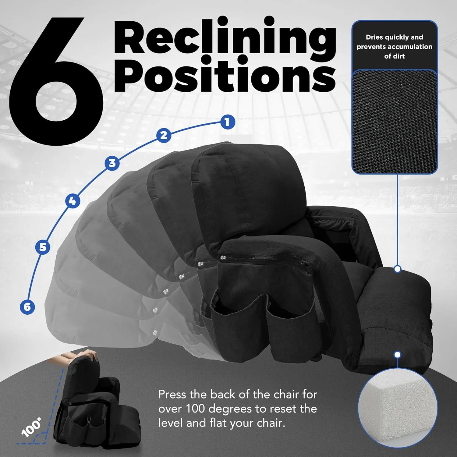 Wide Stadium Seats with Back Support, Exclusive Sofa Style Design Extra Thick Bleacher Chairs with Back and Cushion, 6 Reclining Positions - Ultimate Comfort for Sports Events (Black, 25")