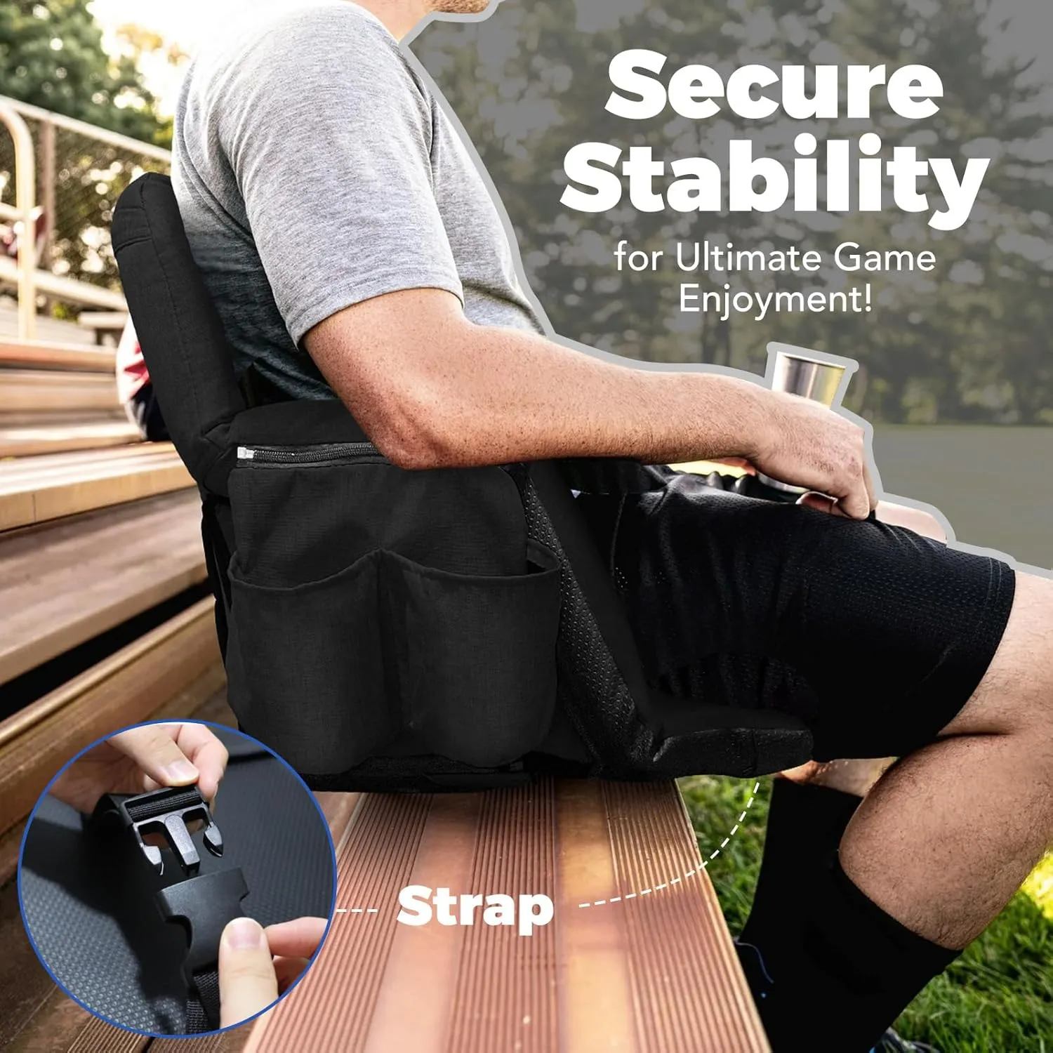 Wide Stadium Seats with Back Support, Exclusive Sofa Style Design Extra Thick Bleacher Chairs with Back and Cushion, 6 Reclining Positions - Ultimate Comfort for Sports Events (Black, 25")