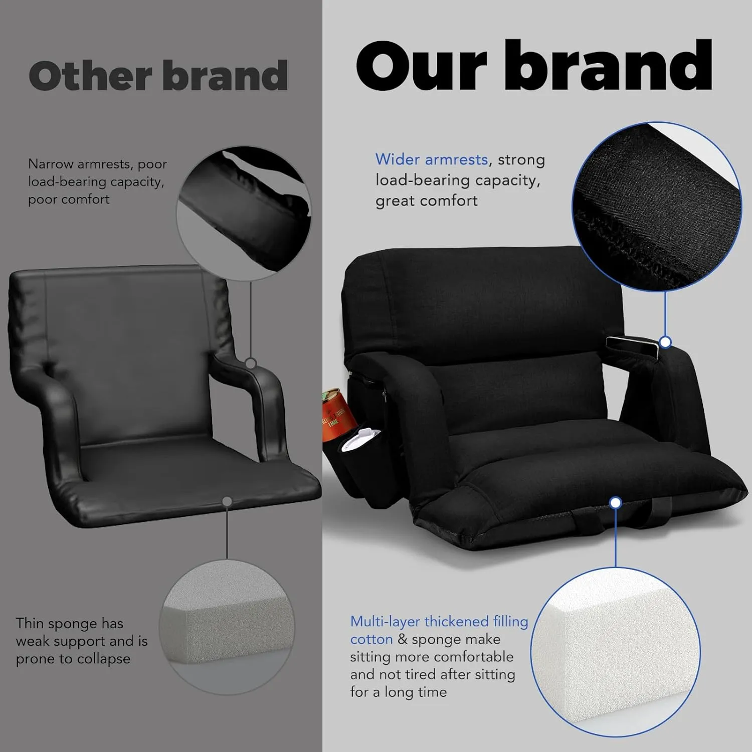 Wide Stadium Seats with Back Support, Exclusive Sofa Style Design Extra Thick Bleacher Chairs with Back and Cushion, 6 Reclining Positions - Ultimate Comfort for Sports Events (Black, 25")